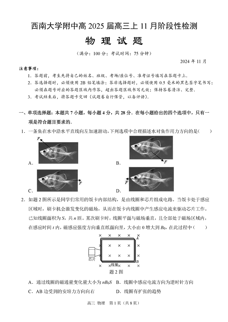 重庆西南大学附中2025届高三上学期11月阶段性检测（二）物理试卷及参考答案