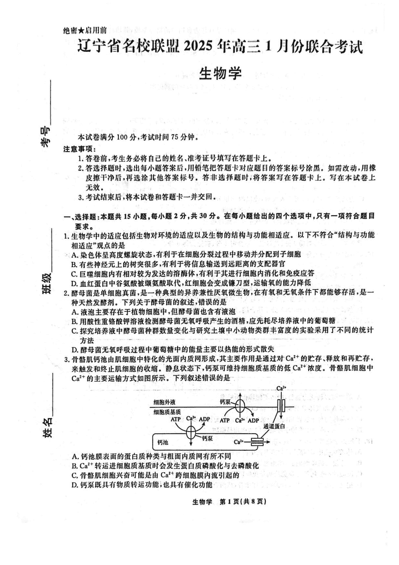 辽宁名校联盟2025年高三上学期1月联考生物试卷及参考答案