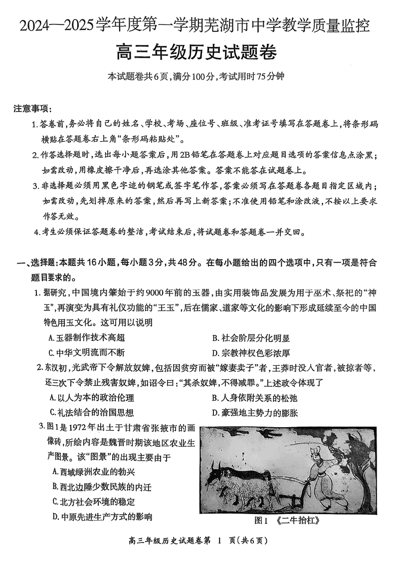 安徽芜湖2025届高三上学期1月期末历史试卷及参考答案