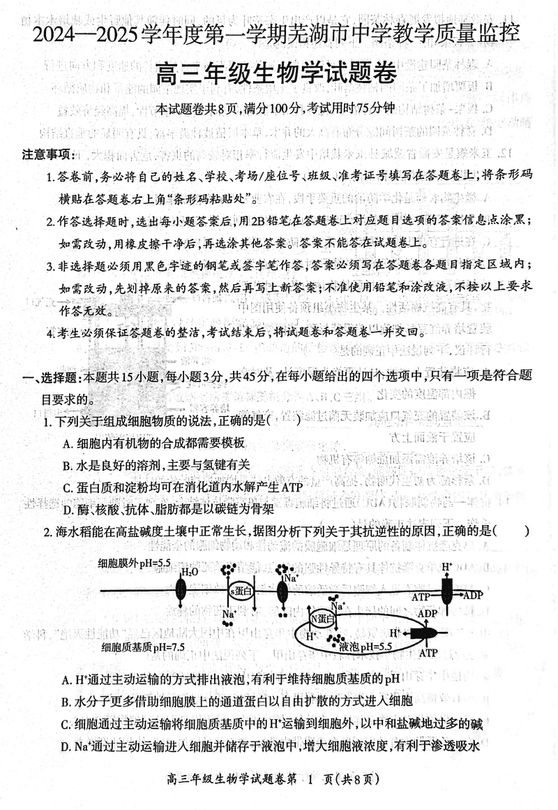 安徽芜湖2025届高三上学期1月期末生物试卷及参考答案