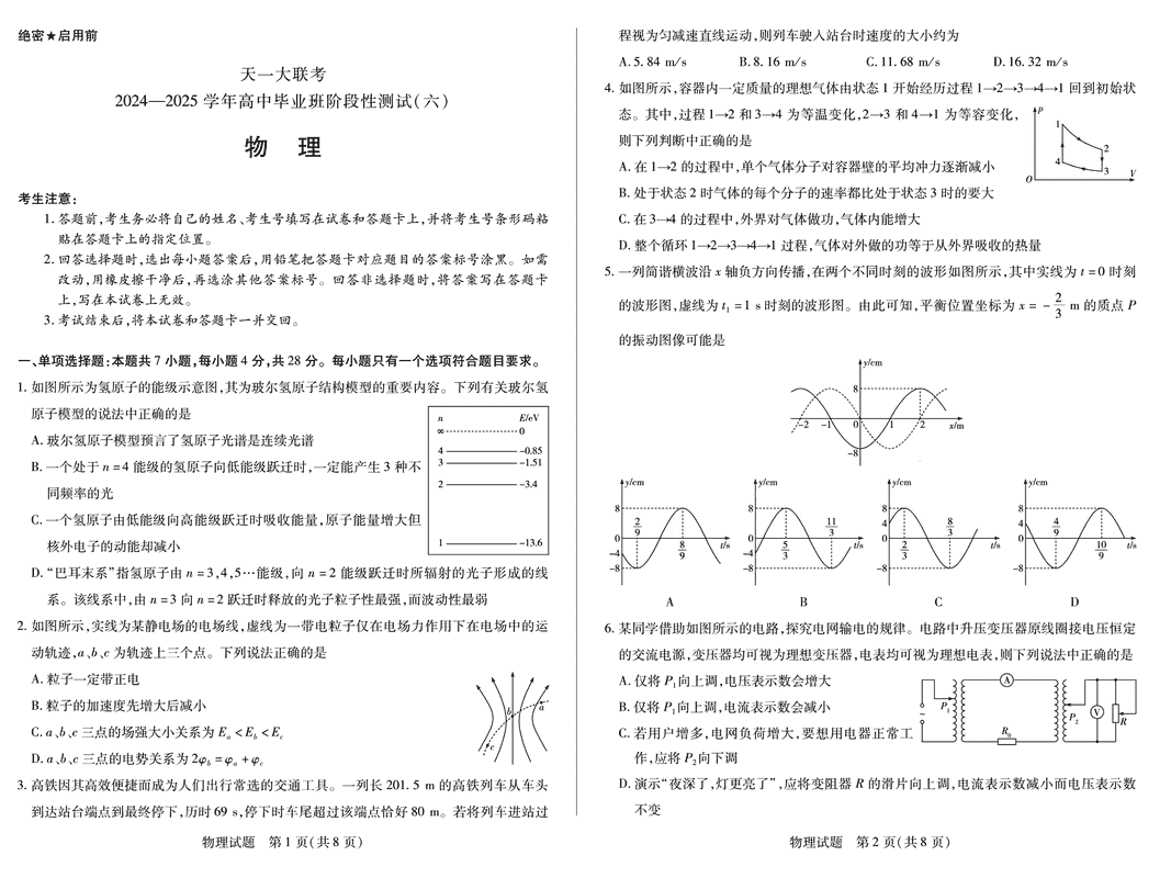 河南省天一大联考2024-2025学年高三阶段性测试（六）物理试卷及参考答案