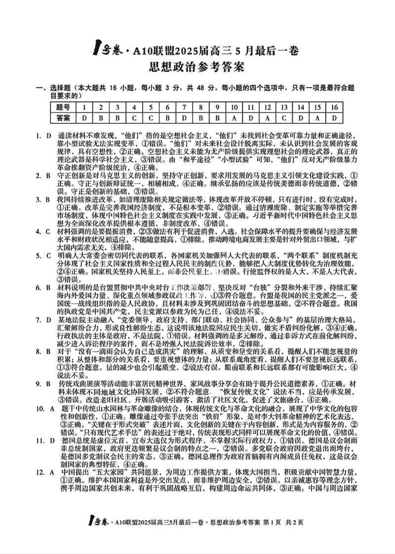 安徽A10联盟2025届高三最后一卷政治试卷及参考答案
