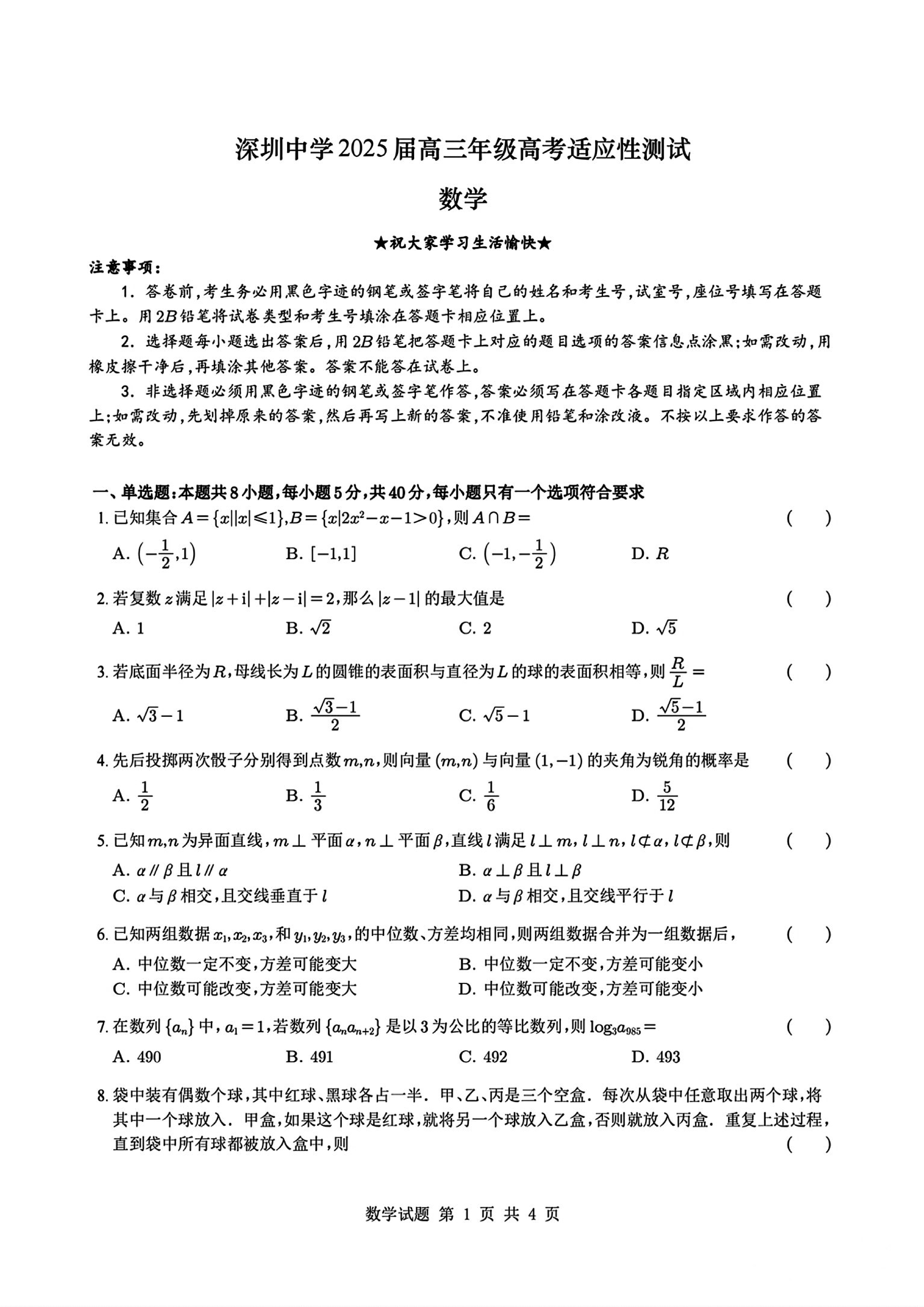 深圳中学2025届高三高考适应性测试数学试卷及参考答案